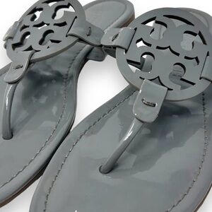 Tory Burch Miller Logo Malta Gray Grey Patent Shiny Leather Thongs Flip Flops 13